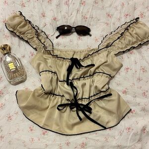 Cider Cream Blouse with Black Trim and long black skirt valentines